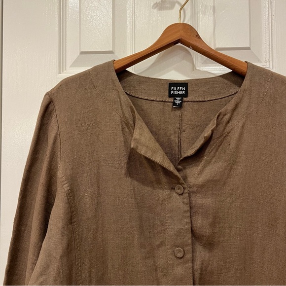 Eileen Fisher 100% Irish Linen Button Down Tunic Jacket in Brown Women’s Large - Picture 2 of 8